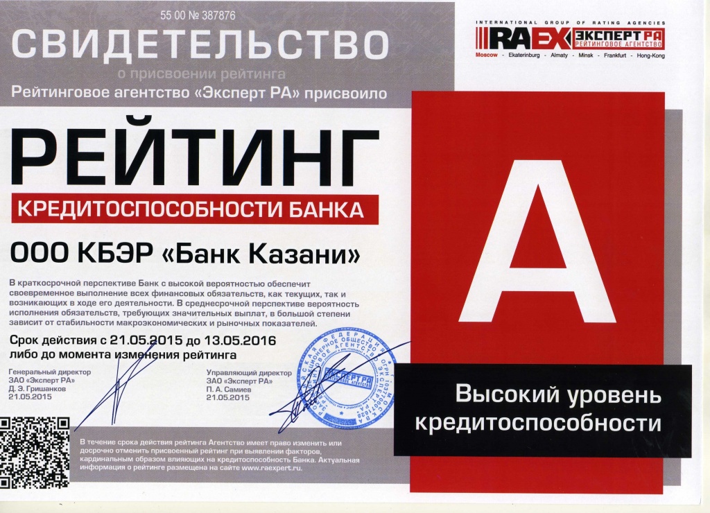 Высокий уровень кредитоспособности Банка Казани